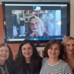 L to R: Chapter members Tanya Anagnostopoulou, Natassa Moutsianou, Nayia Doudali, Kassiani Feleki, Afroditi Chantzaridou, Sonya Lazaridi. On the screen: Fany Triantafyllou